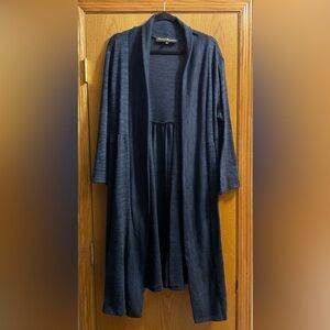 Women’s French Bazaar Blue & Black Open Front Long Cardigan. Lightweight Spandex